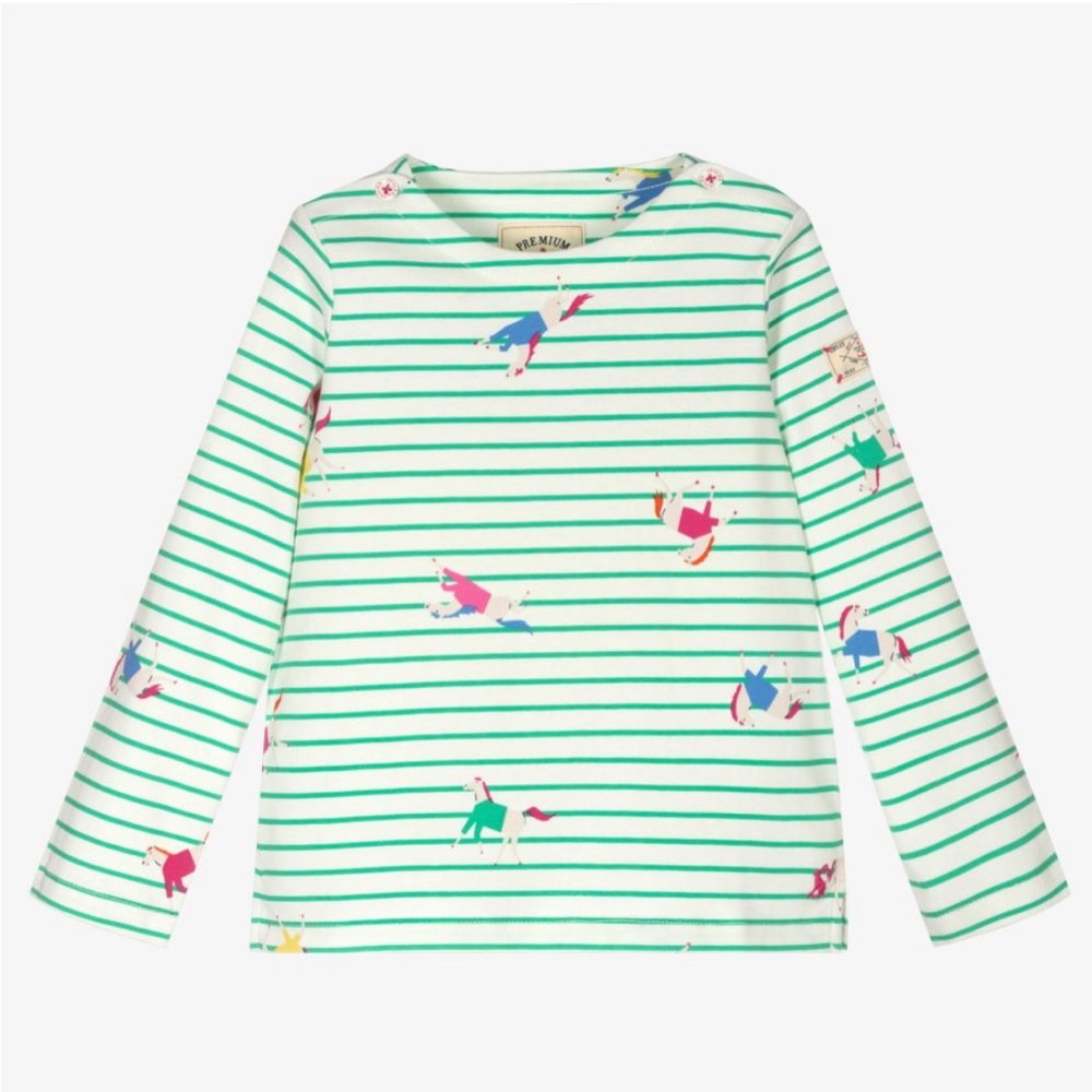 Size 7Y, British brand, Joules, Ivory and Green Breton striped top for girls